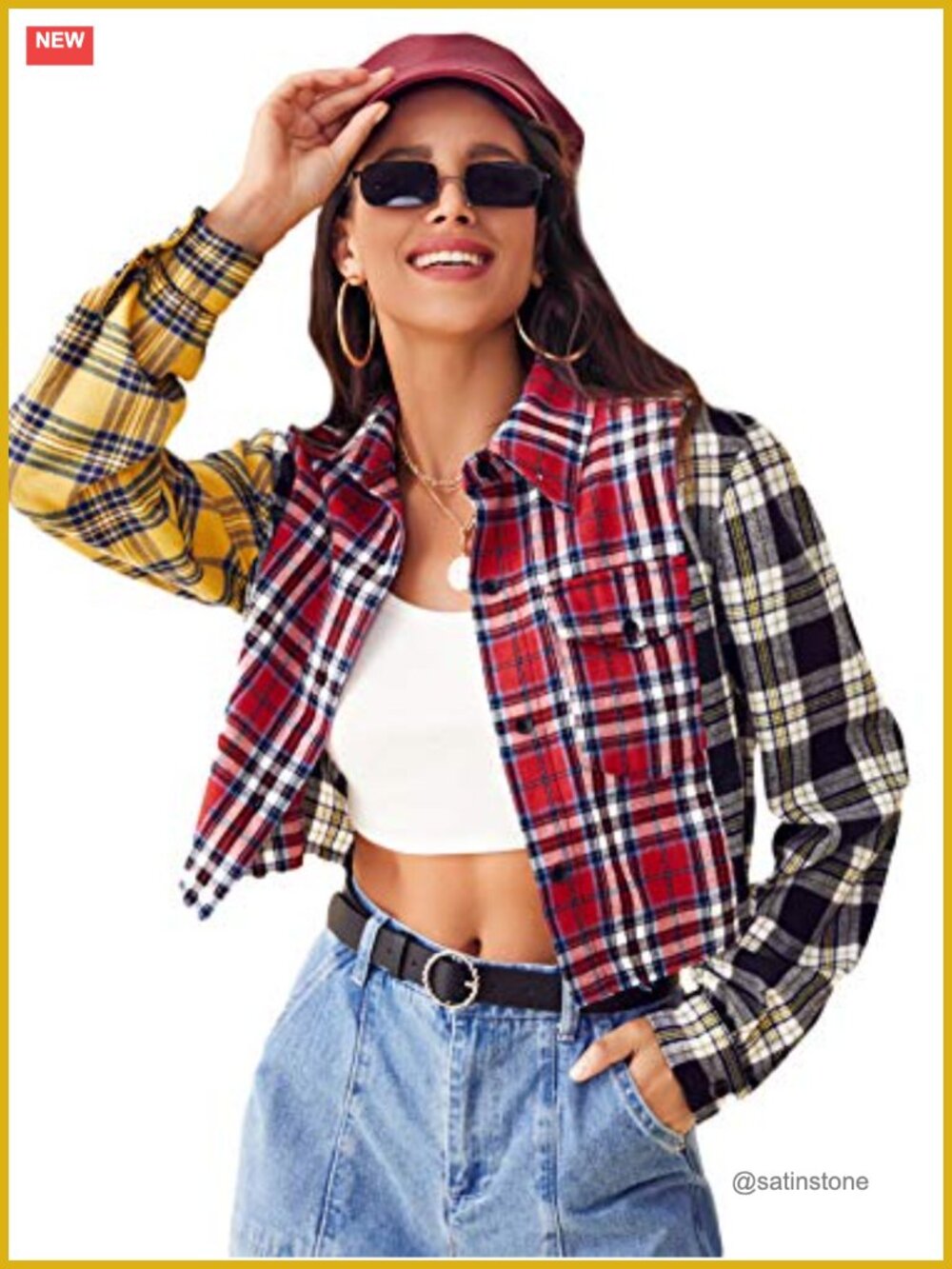 Women's Plaid Button Down Long Sleeve Crop Top Color Block Casual Blouse